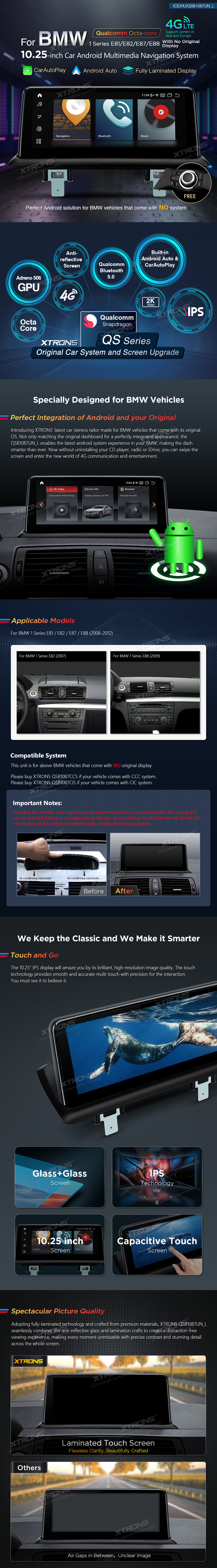 XTRONS Estéreo de coche de pantalla táctil IPS de 10.25 pulgadas para BMW  Serie 1 E81 E82 E87 E88 sin pantalla original, Android 11 Radio navegación